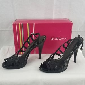 BCBG Plissie black snakeskin high heels